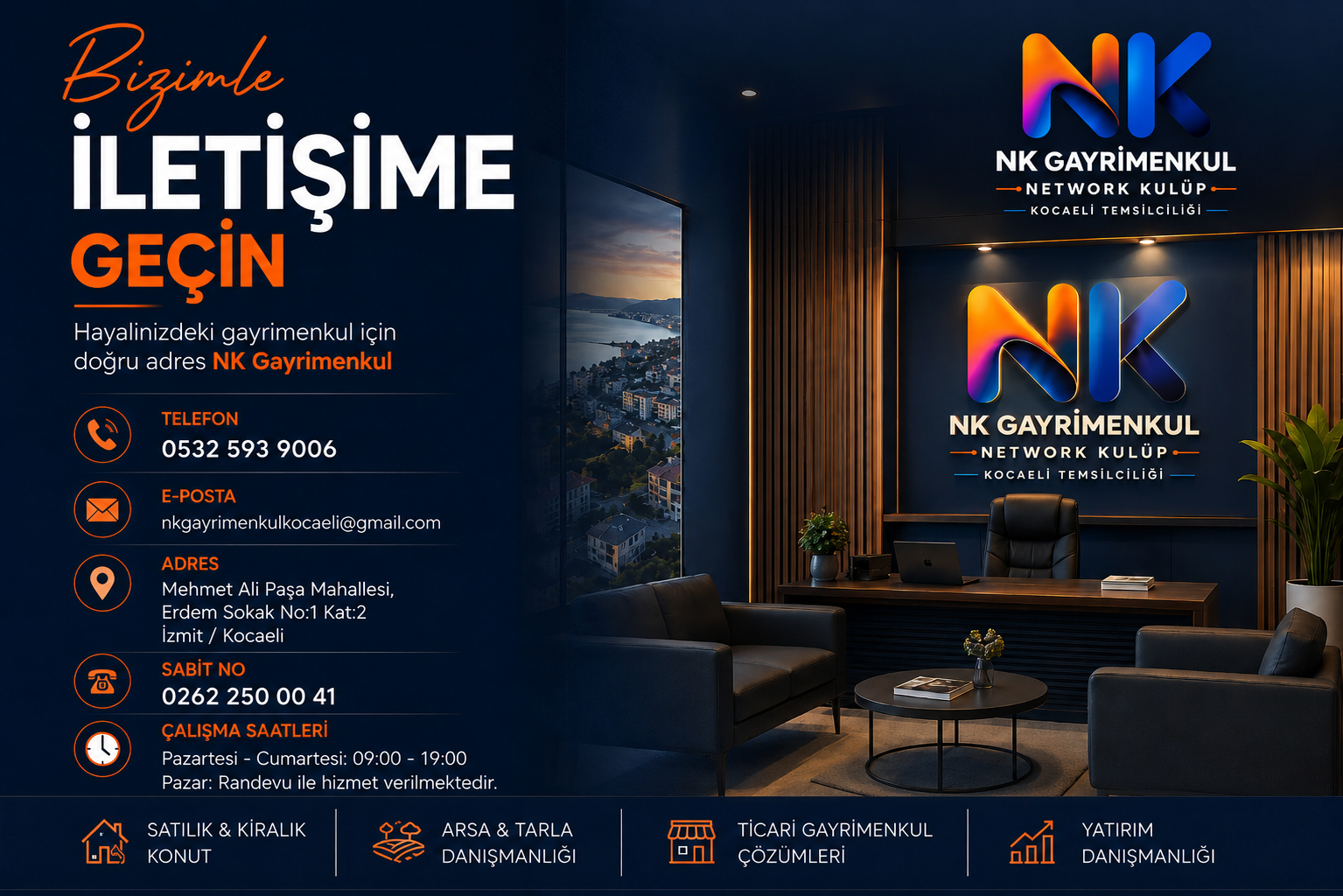 NK Gayrimenkul ile İletişime Geçin — telefon, e-posta ve adres bilgileri